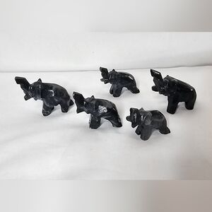 ​Set of 5 Natural Black Stone Elephant Figurines Hand Carved Gemstone Trunk Up